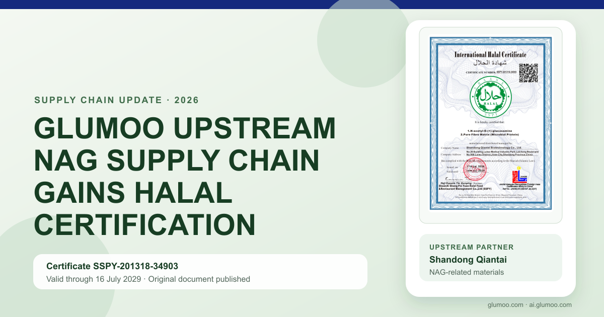 Share card announcing international HALAL certification in Glumoo's upstream NAG supply chain